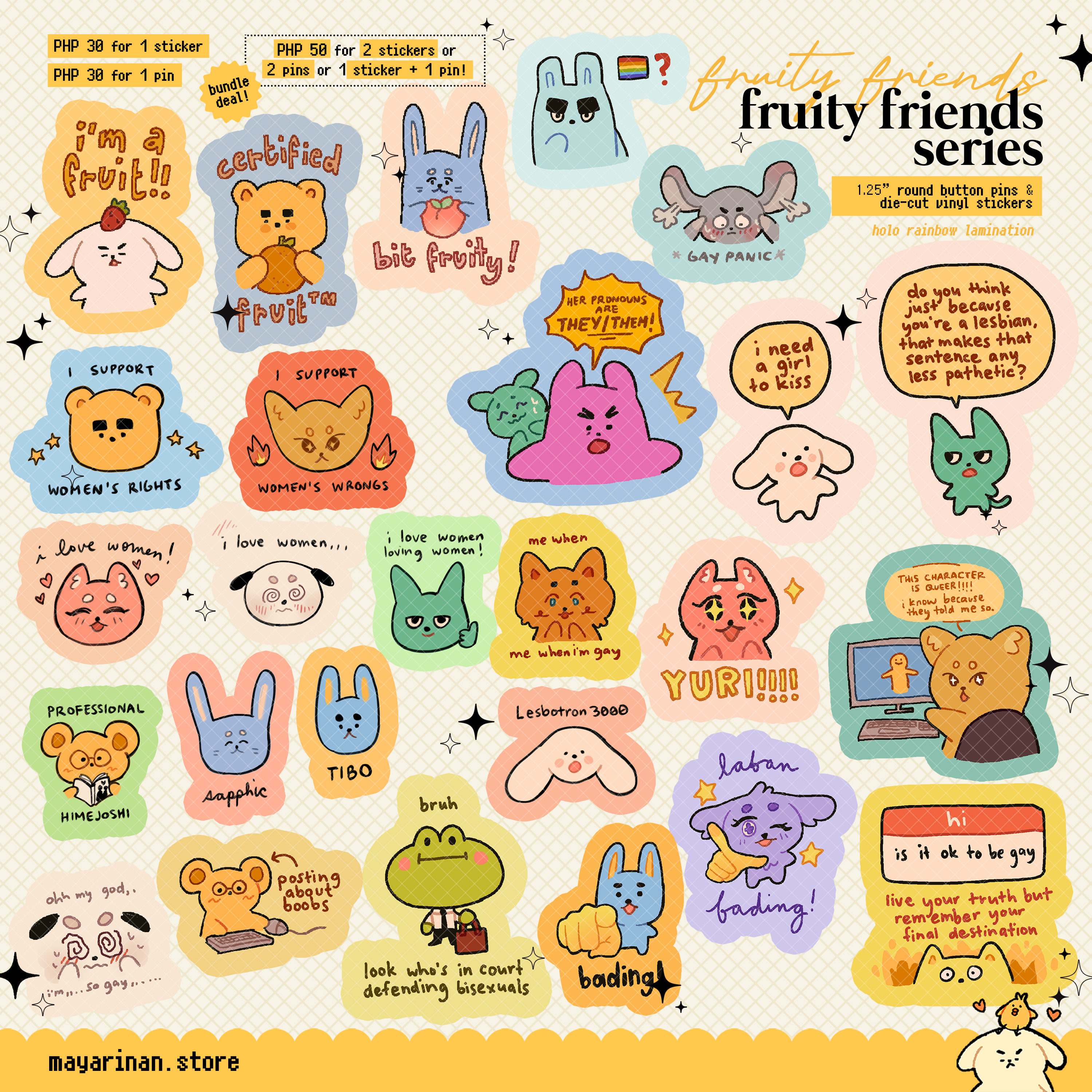 fruity friends ♡ stickers, button pins