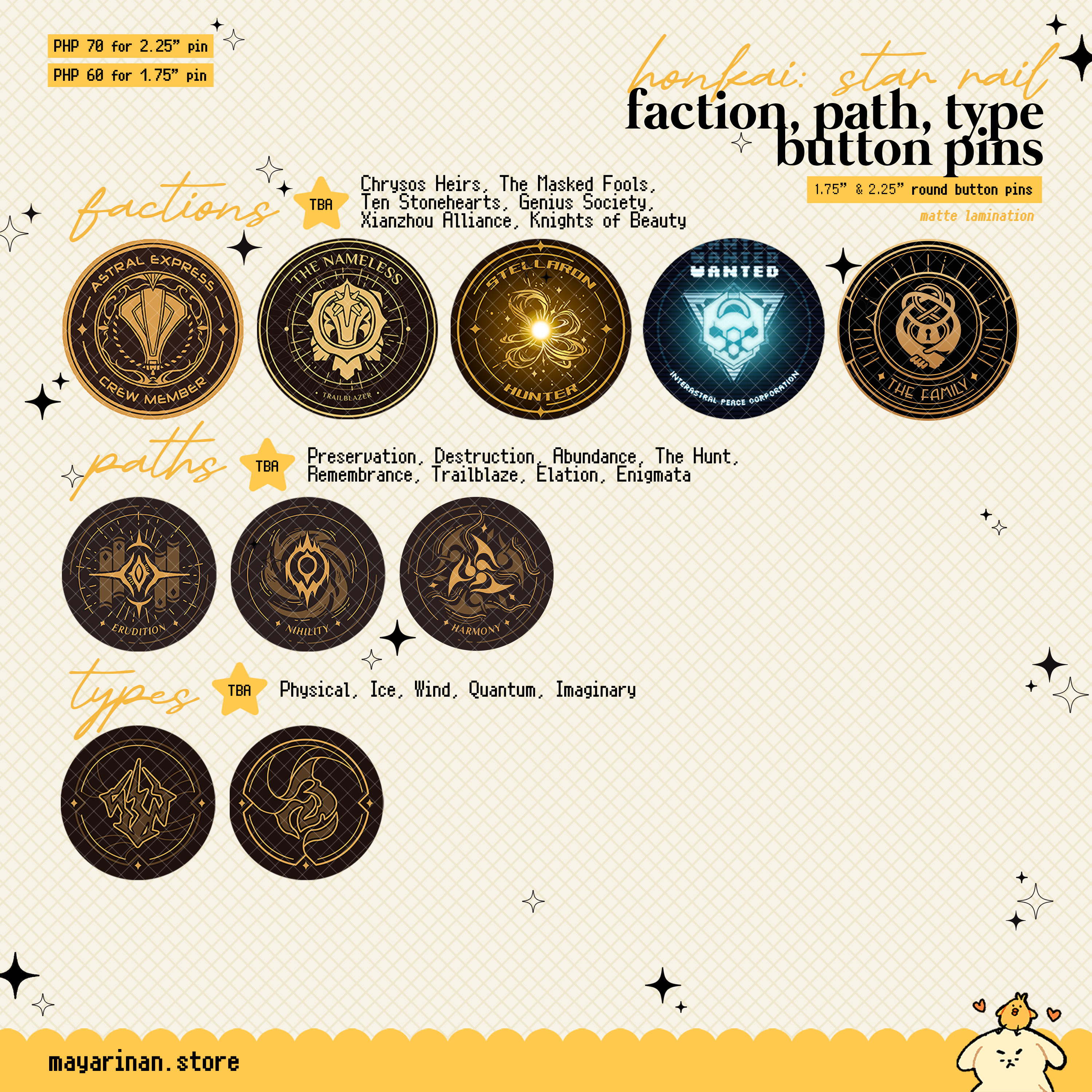 honkai: star rail button pins ✦ factions, paths, types ✦