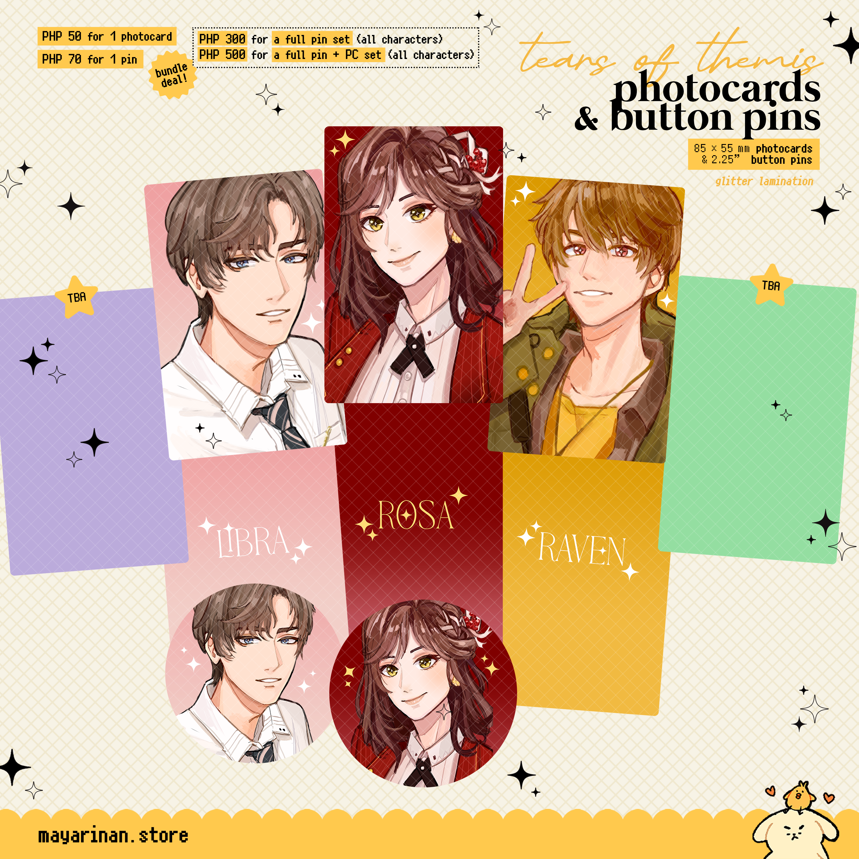 tears of themis designs ✧ photocards & button pins