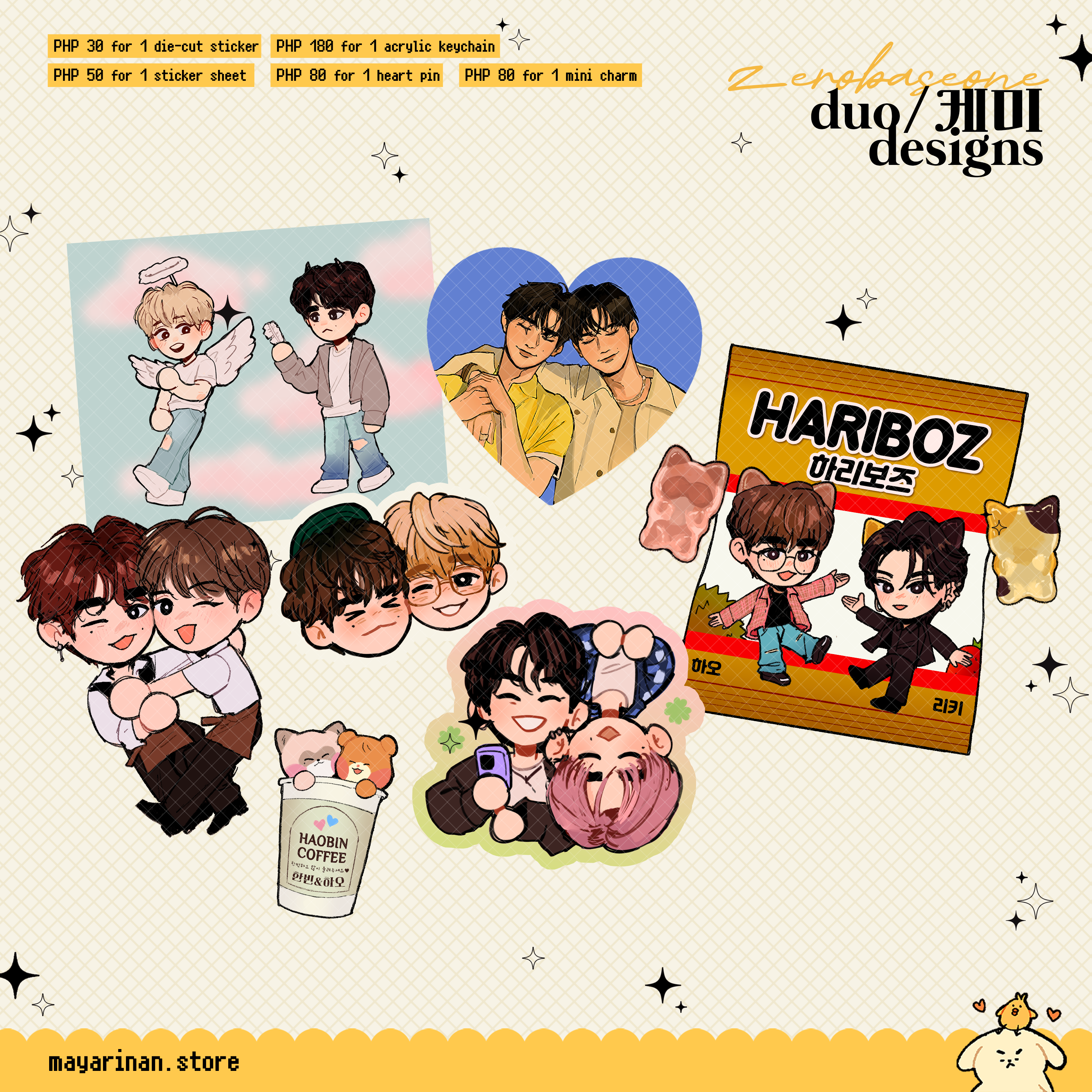 zerobaseone duo/chemistry designs ♡ keychains, stickers, button pins