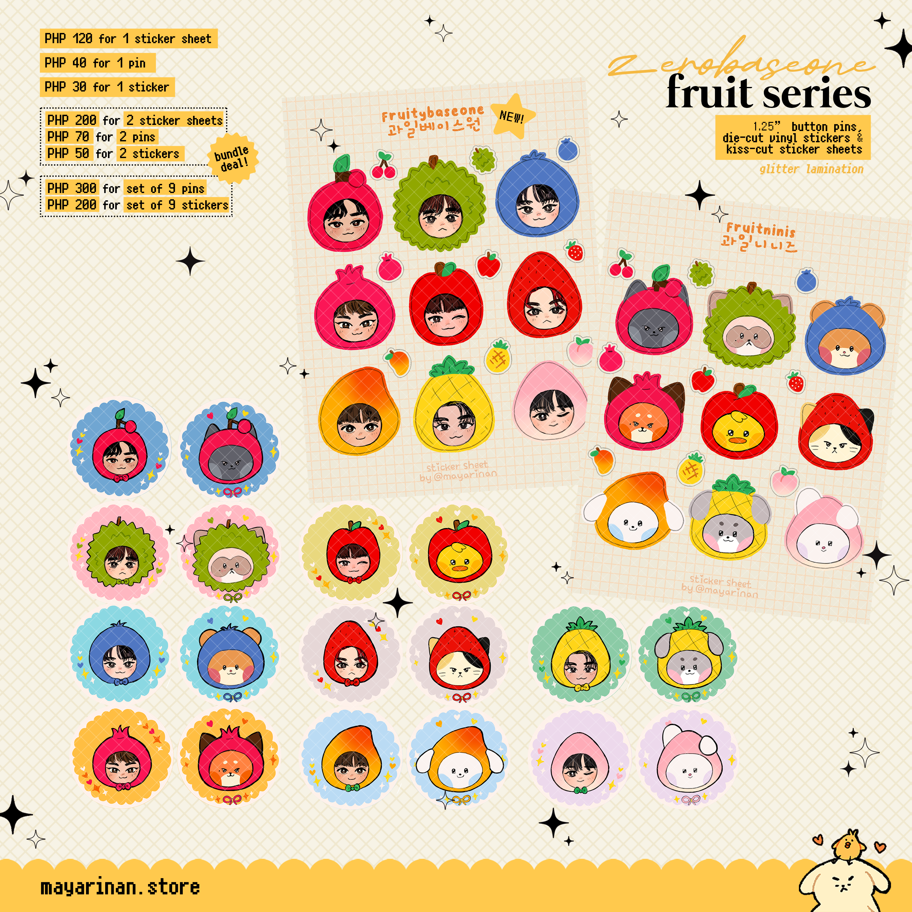 zerobaseone fruit designs ♡ button pins, stickers